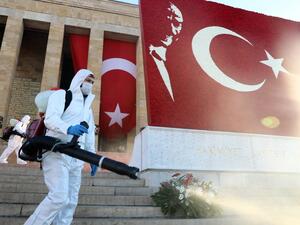 Municipal workers disinfect an area around the mausoleum of modern Turkey's founder, Mustafa Kemal Ataturk, during a memorial ceremony on the 82nd anniversary of his death, in Ankara, on November 10, 2020, amid the sanitary crisis linked with the Covid-19 pandemic caused by the novel coronavirus. Adem ALTAN / AFP