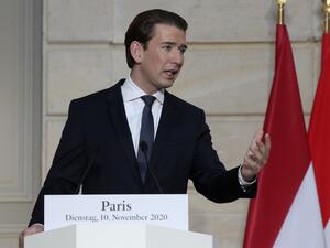 Austrian Chancellor Sebastian Kurz delivers his speech during a conference with French President and a videoconference with Dutch Prime Minister, German Chancellor, European Council President and European Commission President at the Elysee Palace, in Paris, on November 10, 2020. The leaders of France, Germany, Austria and the EU meet to discuss Europe's response to recent attacks in Europe blamed on Islamist radicals. Michel Euler / POOL / AFP