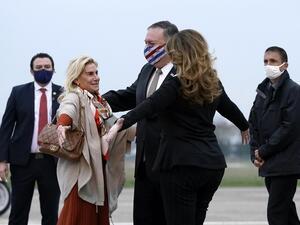 US Secretary of State Mike Pompeo walks to a motorcade vehicle after stepping off a plane at Paris Le Bourget Airport on November 14, 2020, in Le Bourget, at the start of a 10-day trip to Europe and the Middle East. Patrick Semansky / POOL / AFP