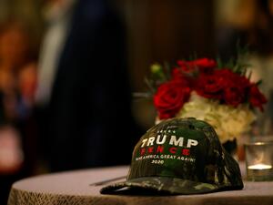 Detail view of a hat supporting U.S. President Donald Trump at an Election Night party at the Grand Hyatt Atlanta In Buckhead on November 03, 2020 in Atlanta, Georgia. (AFP)