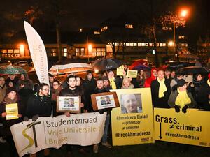 A photo taken on February 13, 2017 shows a flyer during a protest outside the Iranian embassy in Brussels for Ahmadreza Djalali, an Iranian academic detained in Tehran for nearly a year and reportedly sentenced to death for espionage. (AFP)