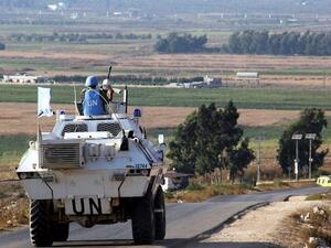 Vehicles belonging to UN peacekeepers drive along a road along the Israel-Lebanon border near the southern Lebanese town of Kfar Kila on September 1, 2019. (Ali Dia/AFP)