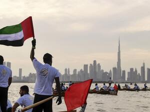 Teams compete in a contest during the Dubai traditional rowing boat race in the al-Jaddaf area of the Gulf emirate of Dubai, in the United Arab Emirates, on November 27, 2020. Karim SAHIB / AFP