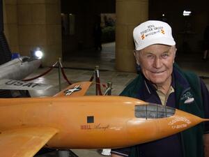 In this file photo taken on June 9, 2003 General Chuck Yeager attends a special 20th Anniversary screening and DVD release of "The Right Stuff" at the Egyptian Theatre in Hollywood, California. US aviation legend Chuck Yeager, the first pilot to break the sound barrier, has died, his wife announced on December 7, 2020. Robert Mora / GETTY IMAGES NORTH AMERICA / AFP