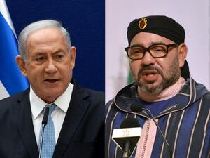 This combination of file pictures created on December 11, 2020 shows Israeli Prime Minister Benjamin Netanyahu speaking during a press conference, on August 30, 2020 and Morocco's King Mohammed VI speaking during a summit on the Congo River in Brazzaville on April 29, 2018. Morocco confirmed on December 10, 2020 it would resume diplomatic relations with Israel "with minimal delay" and lauded as "historic" a decision by Washington to recognise Moroccan sovereignty over the disputed Western Sahara region. DEB