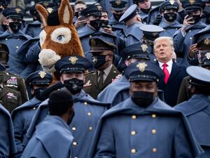 US President Donald Trump joins West Point cadets during the Army-Navy football game at Michie Stadium on December 12, 2020 in West Point, New York. Brendan Smialowski / AFP