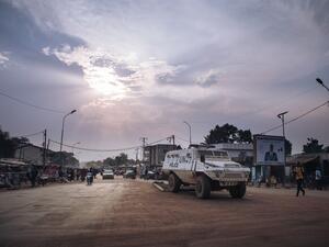 Forces of the United Nations Multidimensional Integrated Stabilization Mission in the Central African Republic (MINUSCA) patrol in Bangui, on December 22, 2020. Five days before the presidential election in the Central African Republic, fighting is taking place in several major cities of the country between rebel groups that want to prevent the holding of the election on one side, and the national army supported by Russian private security elements and the Rwandan Army and peacekeepers of the United Nations