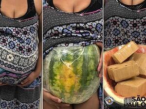 The plot unmasked: A Brazilian drug courier pretended to be pregnant (left), but her belly turned out to be a watermelon (centre) which was filled with bricks of cocaine (right) . (Facebook)
