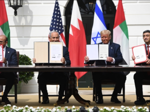 President Trump is poised to win an unlikely diplomatic coup by bringing the UAE and Bahrain into normalised diplomatic relations with Israel after Palestinians rejected the Trump administration's proposed peace deal [Saul Loeb/AFP]