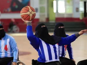 Yemeni women play during a local wheelchair basketball championship in Sana’a, December 8. (Photo: AFP)