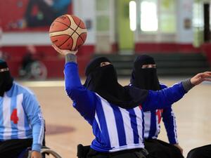 Yemeni women play during a local wheelchair basketball championship in Sana’a, December 8. (Photo: AFP)