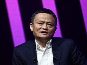 This file photo taken on May 16, 2019 shows Jack Ma, CEO of Chinese e-commerce giant Alibaba, speaking during his visit at the Vivatech startups and innovation fair, in Paris. Shares in Chinese internet behemoth Alibaba soared on January 20, 2021 as its billionaire founder resurfaced after two months, ending speculation about his whereabouts.  Philippe LOPEZ / AFP