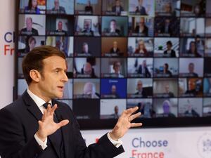 French President Emmanuel Macron delivers a speech at the opening session of the Choose France video-conference meeting from the Elysee Palace in Paris on January 25, 2021. The video-conference gathers a hundred leaders of major foreign groups who were due to attend the Choose France Summit, which was postponed for health reasons.  Ludovic MARIN / POOL / AFP