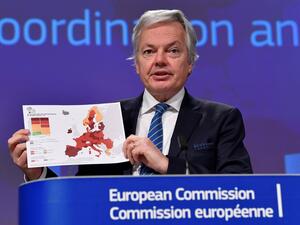 EU commissioner for Justice Didier Reynders gives a press conference on travel within and from outside the EU amid the crisis linked with the Covid-19 pandemic caused by the novel coronavirus at the EU headquarters in Brussels on January 25, 2021. JOHN THYS / POOL / AFP
