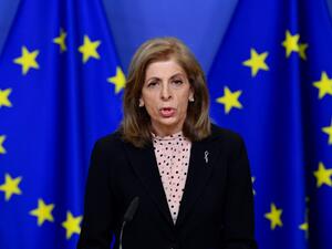 European Union commissioner for Health, Stella Kyriakides gives a press statement on vaccine deliveries at the EU headquarters in Brussels on January 25, 2021. JOHN THYS / POOL / AFP