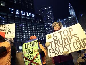  A small group of demonstrators protest near Trump Tower on January 07, 2021 in Chicago, Illinois. They called for the removal of President Donald Trump from office after a pro-Trump mob stormed the Capitol building in Washington, DC yesterday as lawmakers met to count the Electoral College votes in the presidential election. Scott Olson/Getty Images/AFP