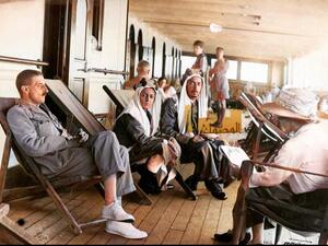 Faisal bin Abdulaziz Al Saud - may God have mercy on him - on behalf of his father on a visit to Britain, under King George V role, where he appears at the time on the way to England on board the English ship Lawrence Rings on the eleventh of August 1919. (Instagram)