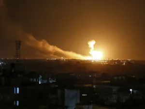 An Israel airstrike at Rafah in the southern Gaza Strip early on Sunday. Rocket fire from Islamic Jihad prompted a second round of strikes, in Syria and Gaza. Photograph: Said Khatib/AFP via Getty Images