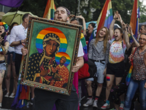 Some in the LGBT Equality March carried pictures of the Black Madonna of Częstochowa, Poland's most revered icon, with a rainbow added to the Virgin Mary and Jesus's halos. (Twitter)