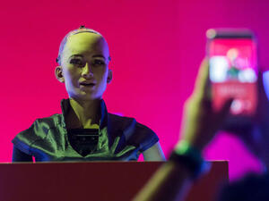 Sophia on stage at the RISE Technology conference in Hong Kong. Credit: ISAAC LAWRENCE/AFP/AFP/Getty Images