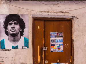 A stencil fan art about Diego Maradona in his Argentinian national team t-shirt during the 86 world cup  (Shutterstock)	