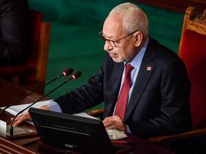 Tunisian Assembly (parliament) speaker Rached Ghannouchi attends the presentation of new government ministers before the assembly at its headquarters in the capital Tunis on January 26, 2021. FETHI BELAID / AFP