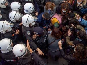 Turkish police officers detain protestors during a rally in support of Bogazici University students protesting against the appointment of Melih Bulu, a ruling Justice and Development Party (AKP) loyalist, as the new rector of the university, in Istanbul on February 4, 2021. Students are protesting against the Turkish president's decision last month (January 1) to name party loyalist Melih Bulu to head Istanbul's elite Bogazici University, with many students seeing his appointment as a part of the president'