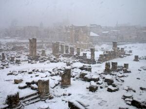 The archaeological site of Baalbek is covered with snow in the eastern Lebanese Bekaa valley, on February 17, 2021. AFP