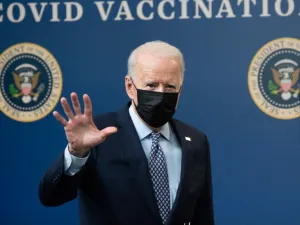 US President Joe Biden leaves after speaking about the 50 million doses of the Covid-19 vaccineshot administered in the US during an event commemorating the milestone in the Eisenhower Executive Office Building in Washington, DC, February 25, 2021. SAUL LOEB / AFP