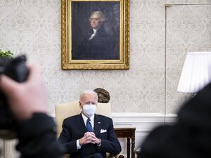  US President Joe Biden speaks as Vice President Kamala Harris and Secretary of the Treasury, Janet Yellen meet with business leaders about the critical need for the American Rescue Plan in the Oval Office at the White House in Washington, D.C., on Tuesday, Feb. 9, 2021. Attending the meeting are Jamie Dimon, Chairman and CEO of JPMorgan Chase, Tom Donohue, CEO at the U.S. Chamber of Commerce, Doug McMillon, President and CEO of Walmart, Sonia Syngal, President and CEO of Gap, Inc. and Marvin Ellison, Presi