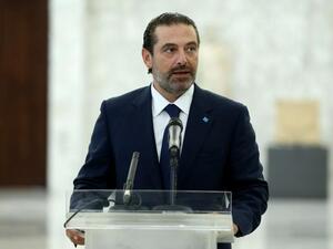 Prime Minister of Lebanon Saad Hariri speaks at a press conference after meeting President Michel Aoun at the presidential palace, last August. (AFP)
