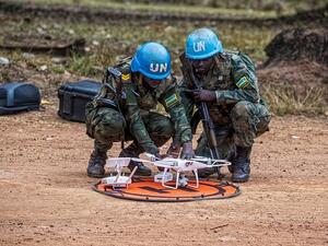 In Bangassou, Central African Republic, two Rwandan Flag of Rwanda Blue Helmets of @UN_CAR  prepare to launch an observation drone. (Twitter/ UN)
