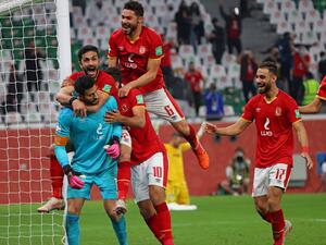 Ahly's players celebrate their win in the FIFA Club World Cup 3rd place football match between Egypt's Al-Ahly vs Brazil's Palmeiras at the Education City Stadium in the Qatari city of Ar-Rayyan on February 11, 2021 (Photo: Karim JAAFAR / AFP)