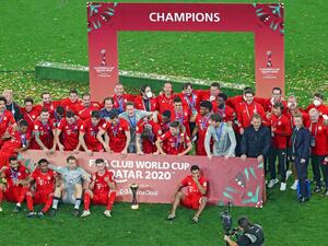 Bayern's players celebrate their win in the FIFA Club World Cup final football match between Germany's Bayern Munich vs Mexico's UANL Tigres at the Education City Stadium in the Qatari city of Ar-Rayyan on February 11, 2021. (Photo: Karim JAAFAR / AFP)