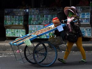 A woman selling dried river shells walks along a street 