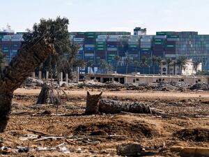 A view of the Panama-flagged MV 'Ever Given' (operated by Taiwan-based Evergreen Marine) container ship