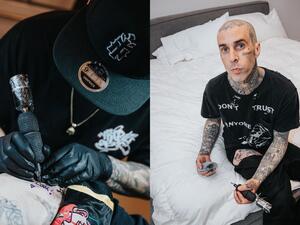 Travis Barker tattooed his right thigh with a line from True Romance 'You're so cool!'