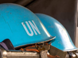 Blue UN helmets waiting for their deployment.
