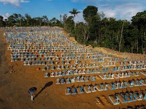 An aerial view of the burial site reserved for victims of the COVID pandemic at the Nossa Senhora Aparecida cemetery in Manaus.