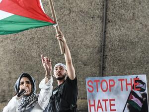 People participate in a pro-Palestinian rally 