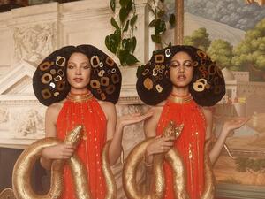 Figures of Hygeia, the mythological daughter of the god of medicine, are shown here in The Elephant Bar.