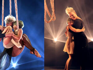 Pink and her 9-year-old daughter showed off their powerful gymnastic skills as they spun in the air in a jaw-dropping performance. Pink and her 9-year-old daughter showed off their powerful gymnastic skills as they spun in the air in a jaw-dropping performance.