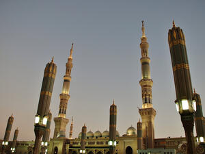 Amazing wide panorama of Holy Kaaba inside Masjid Al Haram or Grand Mosque of Mecca.