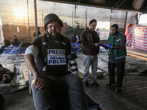 Photo-journalist Abed Rahim Khatib gets injured in his hand after Israeli forces' intervention during the "Great March of Return" rally at Israel-Gaza border in Gaza City