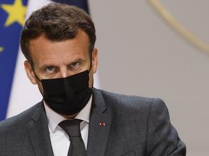 French President Emmanuel Macron attends, with members of the government, the weekly cabinet meeting at the Salle des Fetes, at the Elysee presidential palace in Paris, on June 9, 2021, for the first time since Covid-19 restrictions came into effect in October 2020. 