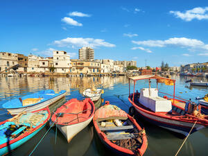 Traditional colorful fishing boats at old port in Bizerte. Tunisia, North Africa