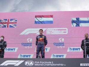 (L-R) Second placed Mercedes' British driver Lewis Hamilton, winner Red Bull's Dutch driver Max Verstappen and third placed Mercedes' Finnish driver Valtteri Bottas look on during the podium ceremony of the Formula One Styrian Grand Prix at the Red Bull Ring race track in Spielberg, Austria. (Photo: AFP)