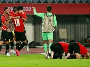 Egypt's players celebrate their second goal during the Tokyo 2020 Olympic Games men's group C first round football match between Australia and Egypt at the Miyagi Stadium in Miyagi on July 28, 2021. (Photo: AFP)