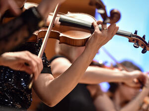 Violin players hand detail during philharmonic orchestra performance