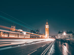 Big Ben and Westminster Bridge with traffic at rush hour, London, United Kingdom
